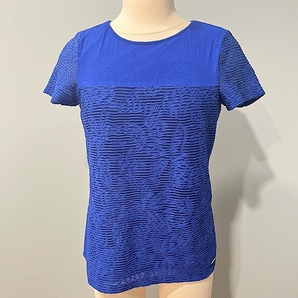 Calvin Klein Blue Short Sleeve Mesh Overlay Double Layer Tee Size Small - Picture 1 of 7